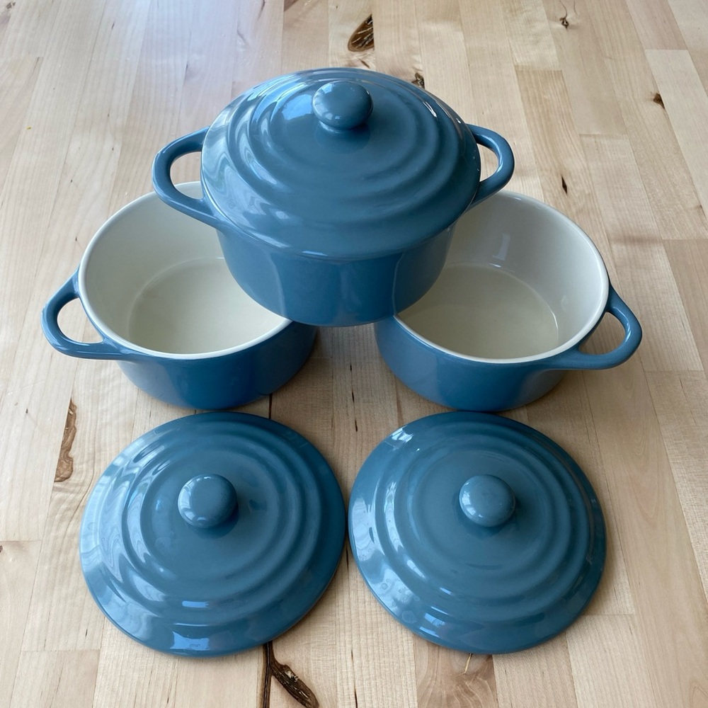 Set Of 3 Individual Cocotte Kook Brand Ceramic Baking Casserole Gray/Blue 12 Oz